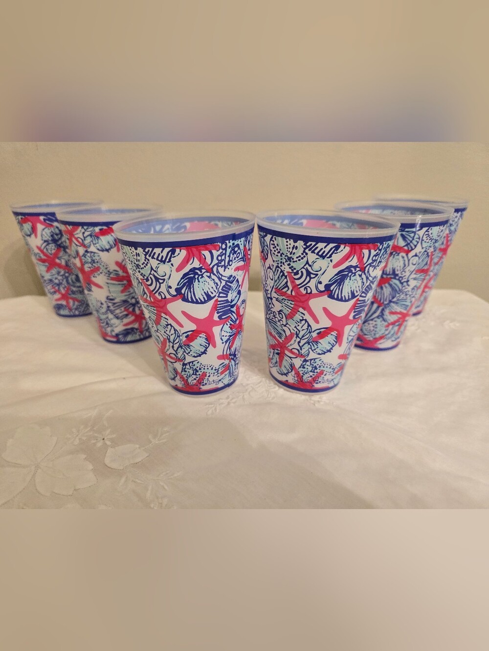 Set of 6 Lilly Pulitzer " She She Shells" Plastic Tumblers - Blue & Pink